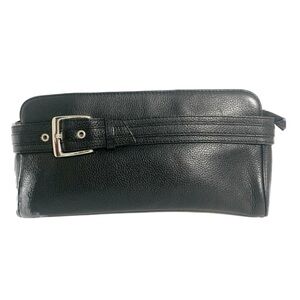 Express Pebbled Leather Clutch Leather Band and Silver Buckle Detailing Top Zip